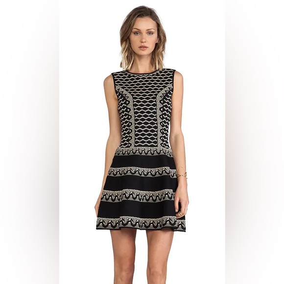 BCBGMaxazria Wilma Dress Black Cream Print Fit Flare Stretch - Picture 2 of 13